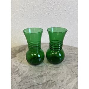 Set of 2 Vintage Anchor Hocking Emerald Forest Green Ribbed Vase